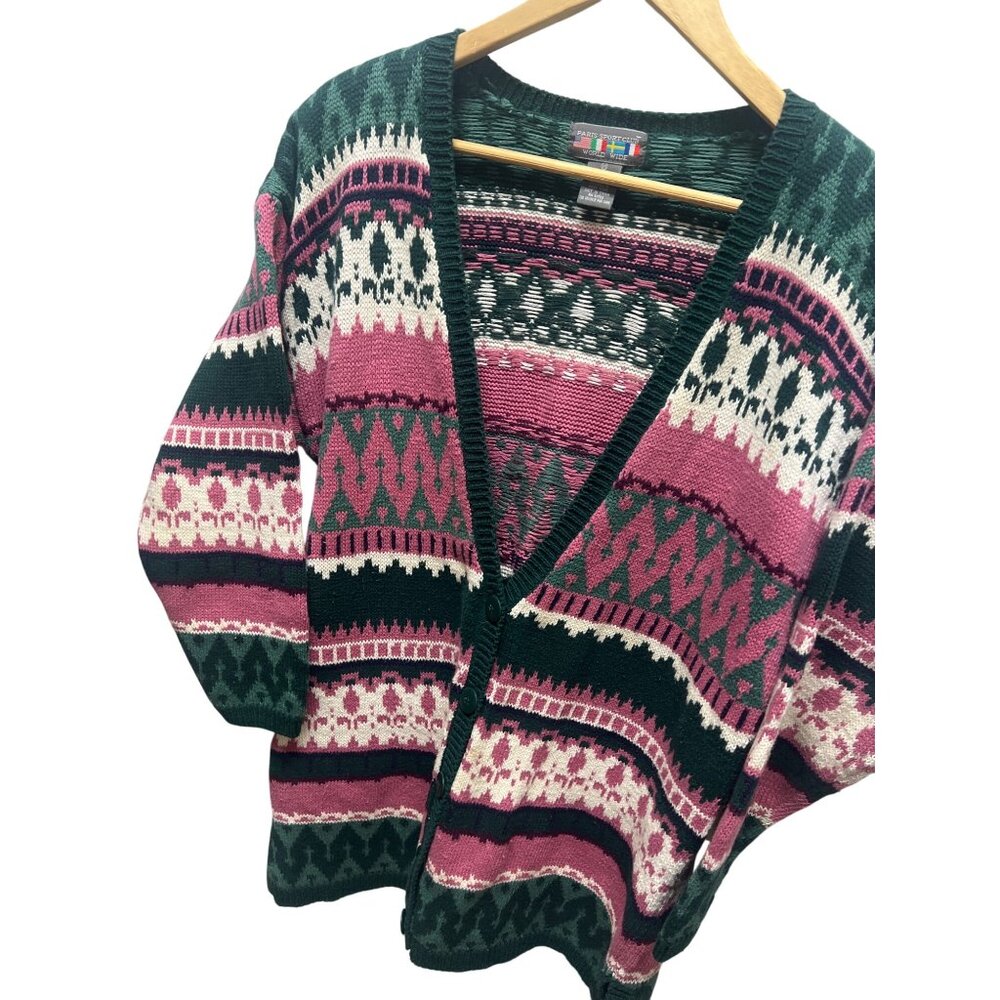 Paris Sport Club Vintage 90's Green & Pink Fair Isle Cardigan